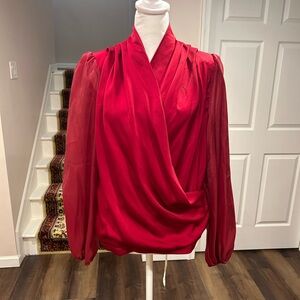 SHEIN Red Draped Blouse with Sheer Sleeves NWOT